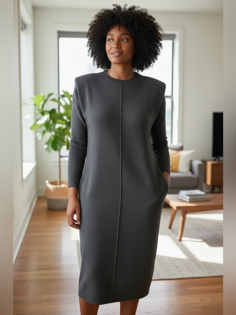 80s ELLEN TRACY LINDA ALLARD CHARCOAL GRAY WOOL OVERSIZED MINIMALIST KNIT DRESS